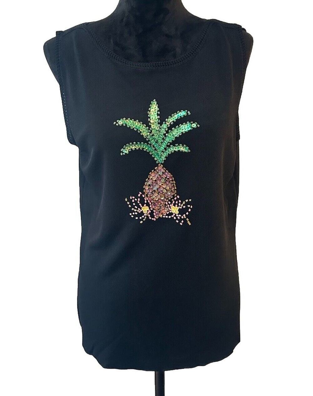 Pineapple Sequin Sweater Sleeveless Embellished Size XL Vintage Resort Cruise